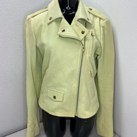 Theory Women’s Lamb Leather Biker Jacket – Lime Green - Picture 1 of 11